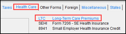 Image of screen LTC on the "Health Care" tab in data entry